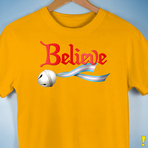 Believe Transgender Pride Jingle Bell Premium Unisex T-Shirt - Gold